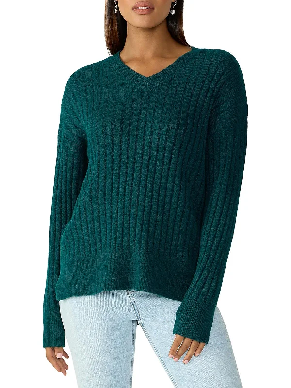 Womens Ribbed V-Neck Pullover Sweater