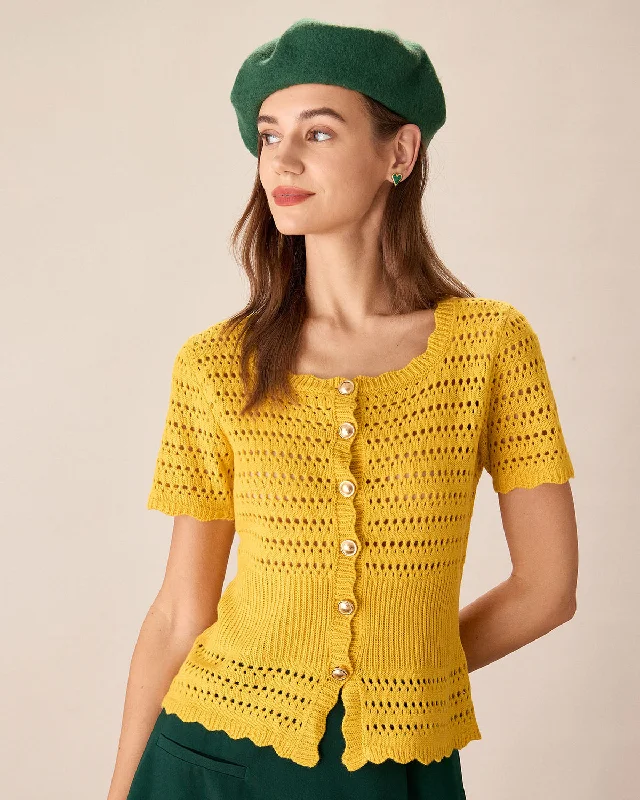 Yellow Crochet Single-Breasted Cardigan